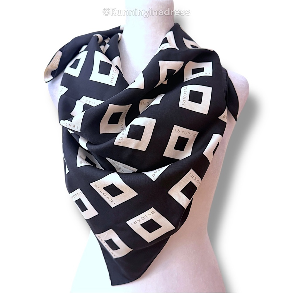 Bvlgari Vintage Silk Scarf Black Ivory Geometric Quadrato 90cm Square